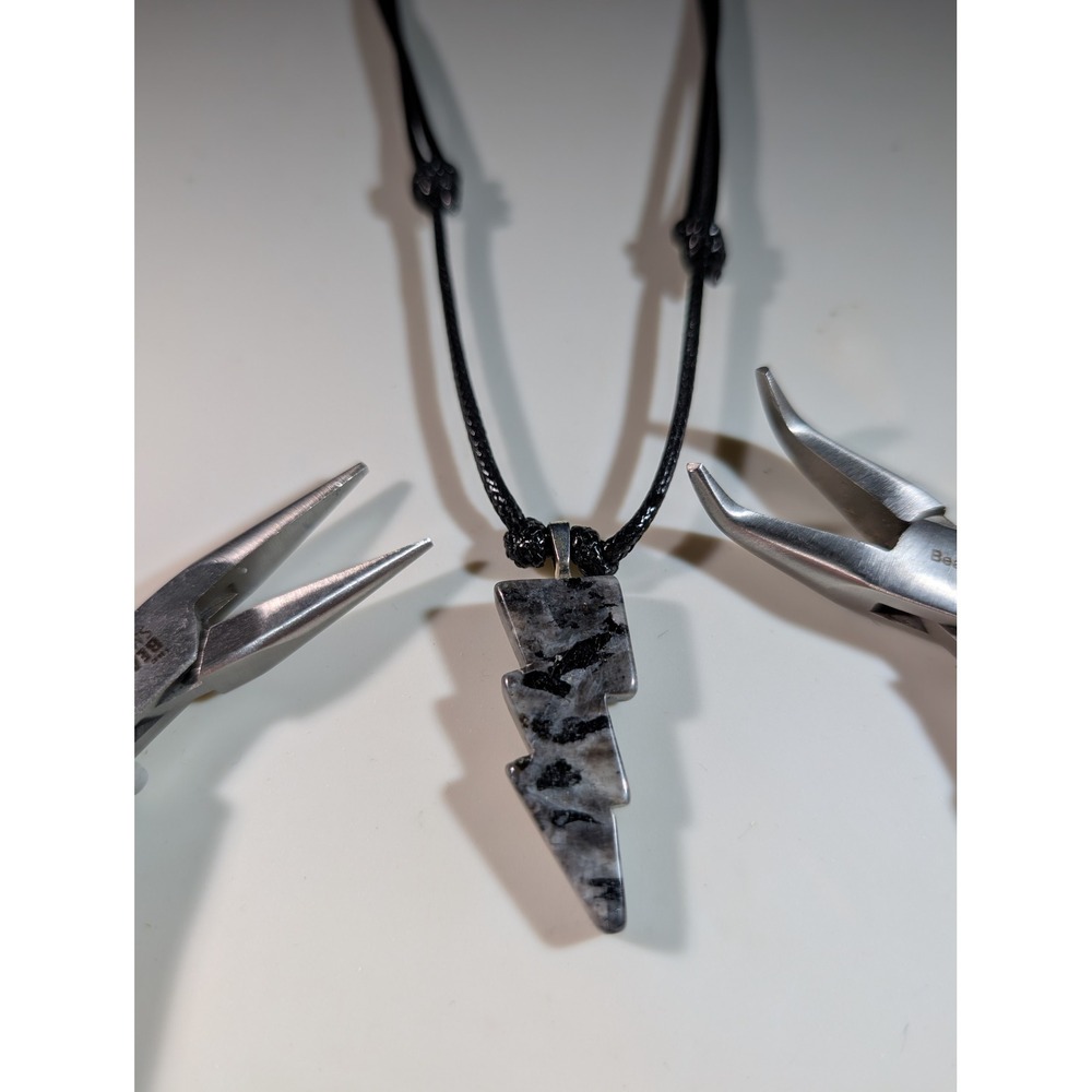 Larvikite Lightning Bolt Pendant Necklace Adjustable Black Cord Gemstone Grey